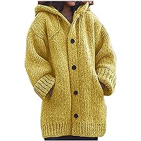 Women's Cable Knitted Sweater Long Sleeve Button Front Knit Hooded Cardigan Warm Chunky Coats Oversized Fuzzy Jacket Yellow