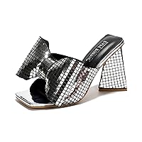 Cape Robbin Discoball Bow High Heels for Women - Metallic Heels for Women - Women's Shiny Disco Ball Shoes - Chunky Block Heels with Bow Tie & Square Open Toe