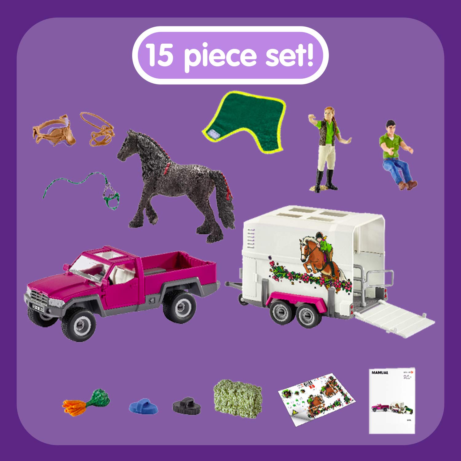 Schleich Horse Truck and Trailer Toys – 14 Piece Pickup Truck & Trailer Playset, with Horse Figurine, Rider Action Figure, and Pony Accessories, for Girls and Boys Ages 5 and Above