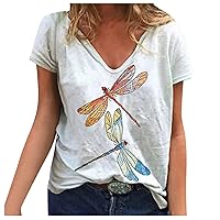 Short Sleeve Cotton Shirts for Women Crewneck Tie Dye Dragonfly Print Casual Blouse T Shirt Tops Plus Size Valentine Tops