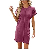 Womens Summer Casual T Shirt Dress Short Sleeve Crew Neck Tunic Dress Solid Color Loungwear Loose Fit Mini Dresses