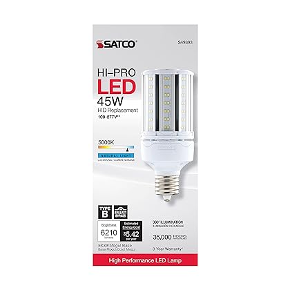 Satco S49393 Corncob LED HID Light Bulb, Mogul Extended Base, 45W, 35000 Hour Rating, 6210L, Natural Light