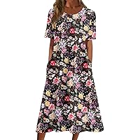 Summer Dress for Women Casual Printed V-Neck Short-Sleeve Beach Swing Dress