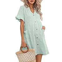 KOJOOIN Maternity Swiss Dot Dress Summer V Neck Short Sleeve Button Down Mini Dress Baby Shower Photoshoot with Pockets