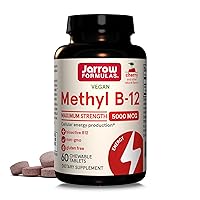 Jarrow Formulas Maximum Strength Methyl B-12 5000 mcg, Dietary Supplement for Cellular Energy Production and Brain Health Support, 60 Cherry-Flavored Chewable Tablets, 60 Day Supply