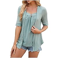 Womens Dressy Fake Two-Piece Tops 2024 Summer Eyelet Jacquard Solid T-Shirts Short Sleeve V Neck Casual Office Tees