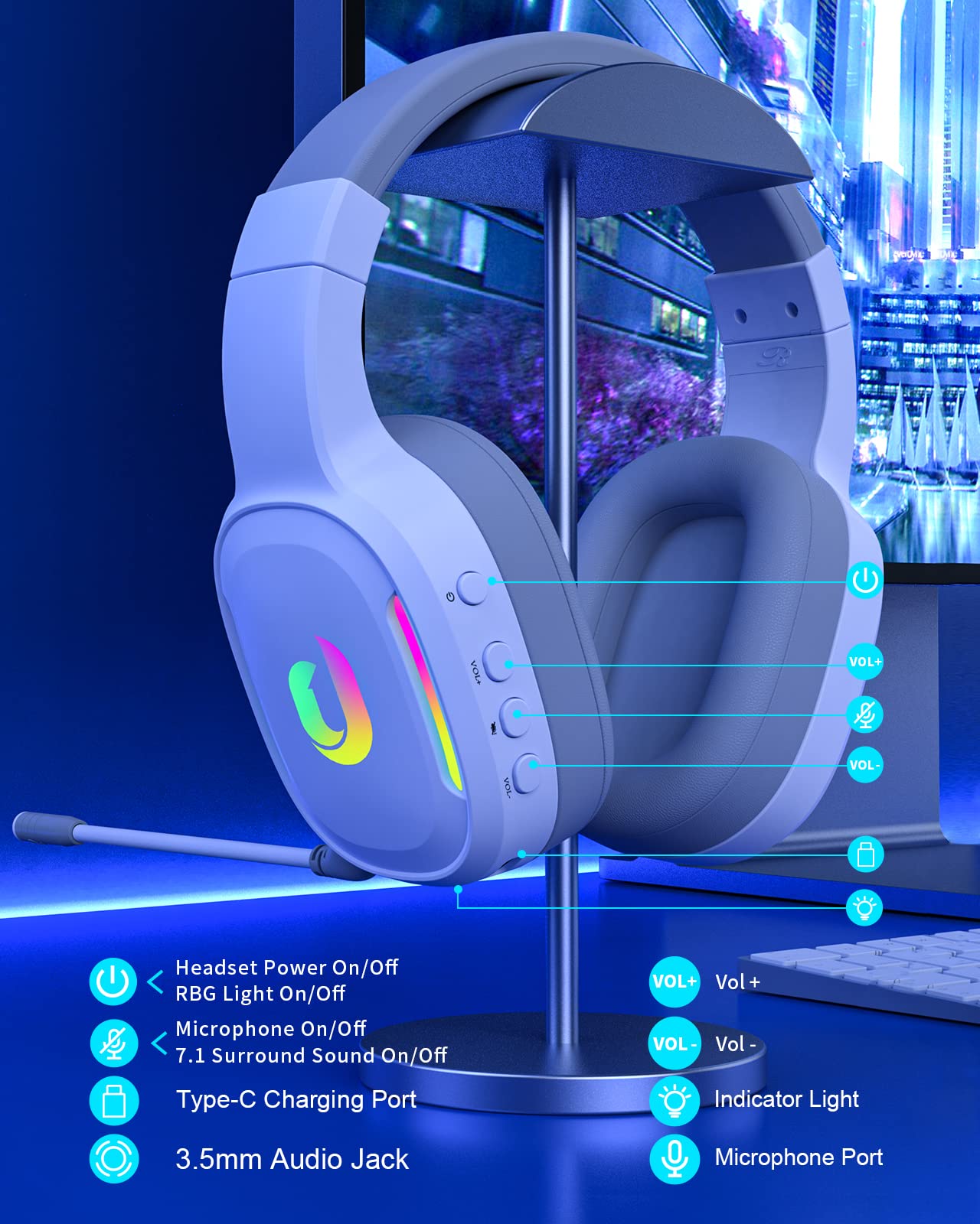 Jeecoo G80 Wireless Gaming Headset - 7.1 Surround Sound, Detachable Clear Microphone, Low Latency RGB Wireless Gaming Headphones- Works with PS4 PS5 PC Laptop Computers