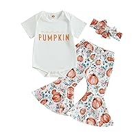 fhutpw Newborn Baby Girl Halloween Clothes Long Sleeve Romper Tops Pumpkin Bell-Bottom Pants Headband Infant Fall Outfits