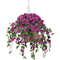 Artificial Flowers Hanging Basket,4pcs Bougainvillea Silk Vine Flowers for Outdoor/Indoor, 10Inch Coconut Lining Flower Pot with Hanging Plant for Patio Lawn Garden Decor (Purple)