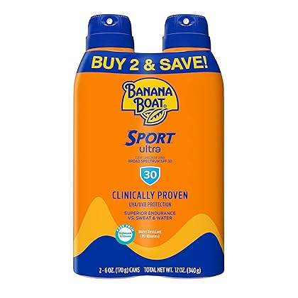 Banana Boat Sport Ultra SPF 30 Sunscreen Spray | Banana Boat Sunscreen Spray SPF 30, Spray On Sunscreen, Water Resistant Sunscreen, Oxybenzone Free Sunscreen Pack SPF 30, 6oz each Twin Pack