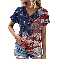 Womens Tops American Flag 4Th of July 2024 Dressy Star Stripes Patriotic Button High Low V-Neck Short Sleeve Tee Blosue