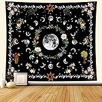 Naykow Plant Tapestry Nature Moon Phase Black and White Floral Cottagecore Bohemian Mandala Spiritual Tapestries Aesthetic Bedroom Decor for Bedroom Teen Girl (50