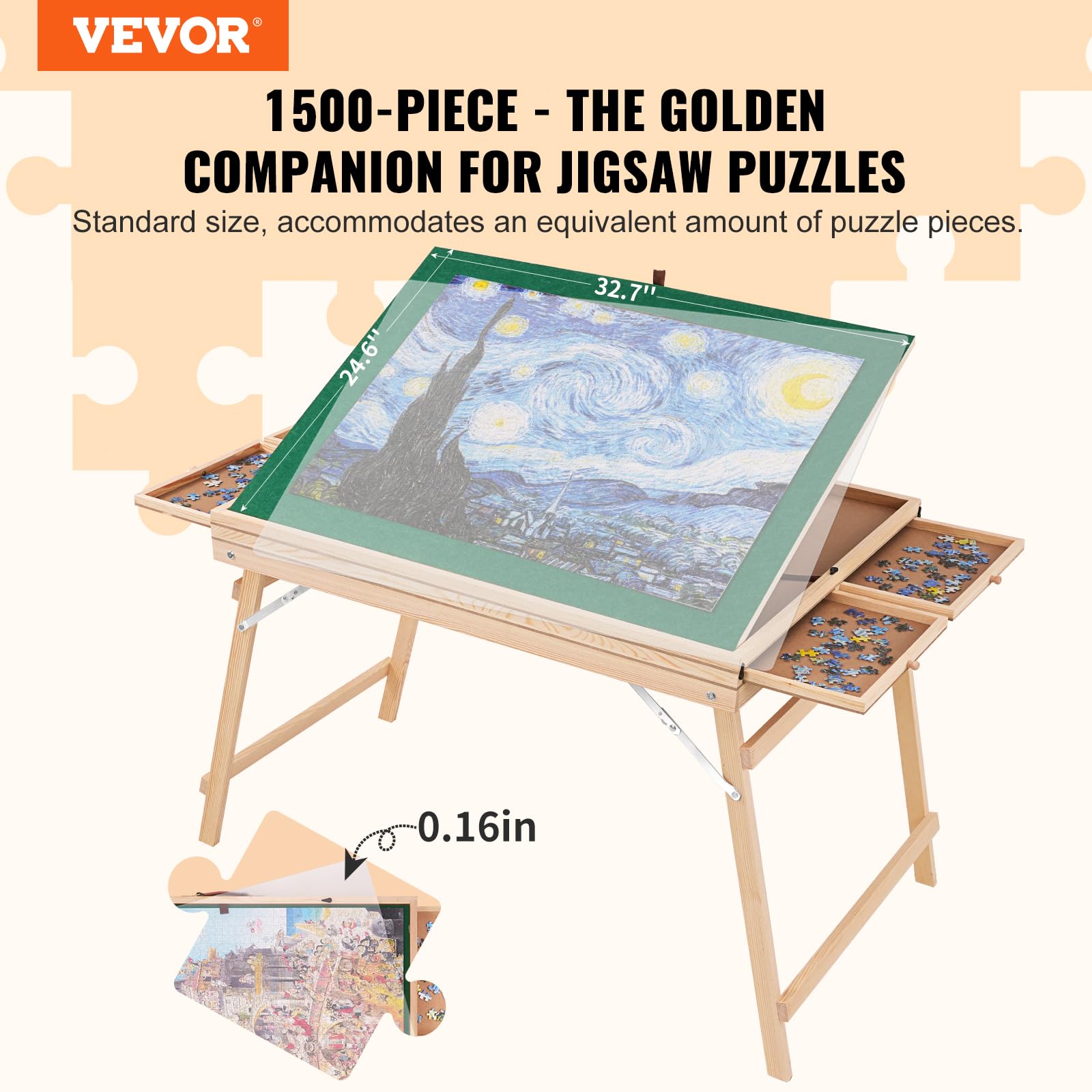 VEVOR 1500 Piece Puzzle Table with Folding Legs, 4 Drawers and Cover, 32.7