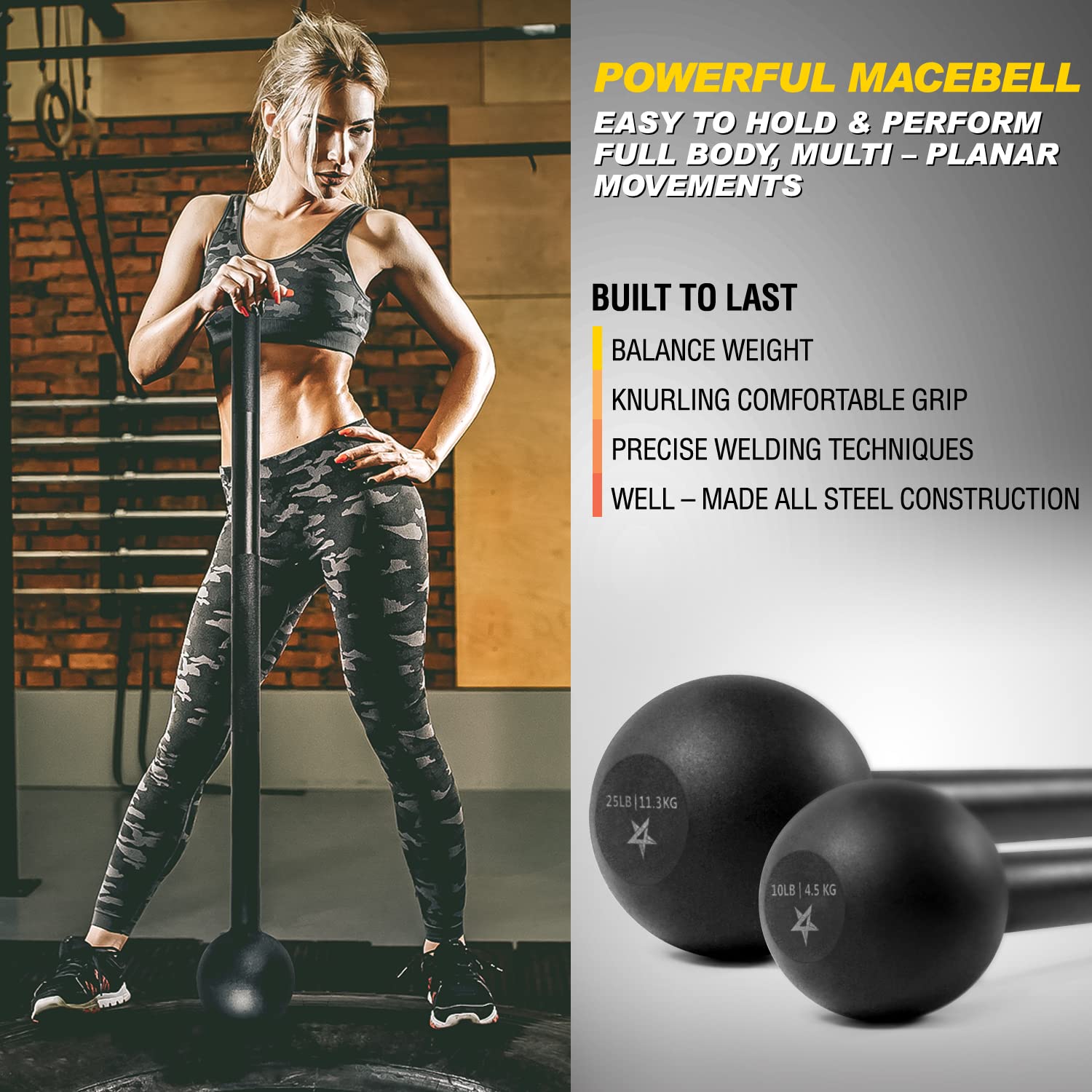 Yes4All Steel Mace Bell for Strength Training - Support Full Body, Muscles, Shoulder, Grips & Forearms Workouts 5 to 30lbs For Woman & Man