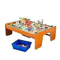 Ride Around Town Wooden Train Set and Table with Helicopter, Airplane, Farm, Storage Bins and 100 Pieces, Compatible with Other Major Brand Trains, Honey