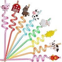 24 Farm Animal Plastic Straws Reusable Drinking Straws with 2 Cleaning Brush House Horse Chicken Sheep Cow Dog Duck Pig Farm Party Favors Supplies Gift for Kids Girls Boys Friends