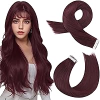 Moresoo Burgundy Tape in Extensions Human Hair Seamless Hair Extensions Tape in Wine Red Tape in Human Hair Extensions Burgundy Hair Extensions Real Hair 20 Inch #99J 20pcs 50g