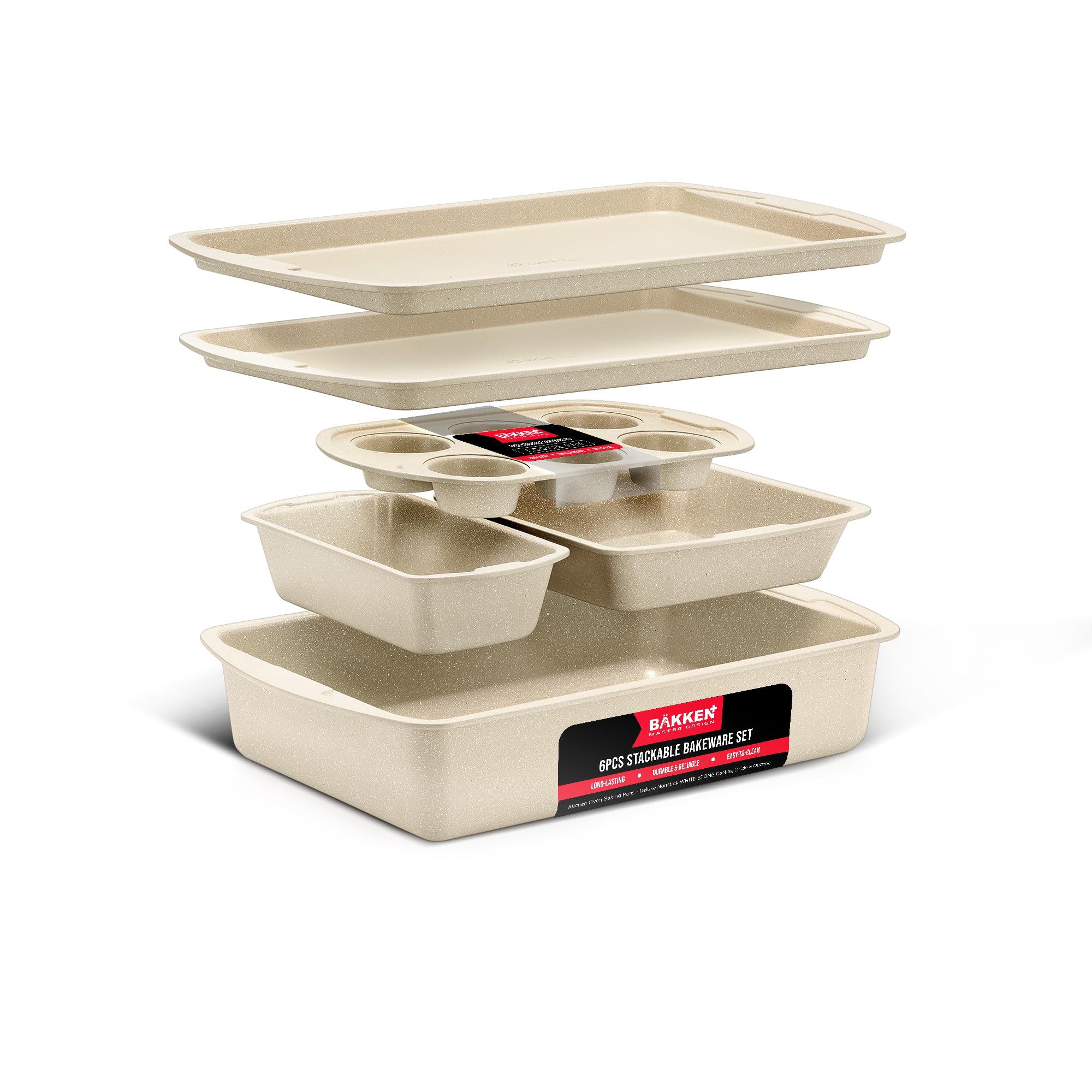 Bakken Swiss - Bakeware Set – 6 Piece – Stackable, Deluxe, Non-Stick Baking Pans for Professional and Home Cooking – Carbon Steel, White Stone Coating
