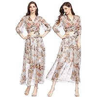 XINUO Women's Sexy Summer Gray Skirt Set 2 Piece Exotic Dresses Casual Beach Floral Print Wrap Top Flowy Midi Skirts