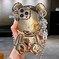 Cute Case for iPhone 14 Pro Max, 3D Cartoon case Golden Teddy Bear Sparkle Bling Cover with Metal Chain Strap Bell Pendant, Fashion Plating Soft TPU Shockproof, Suitable for Women & Girls