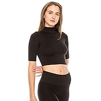 Kurve Women's Basic Crop Top – Mock Neck Elbow Length Sleeve Slim Fitted Ribbed Turtleneck Cropped T Shirt (Made in USA)