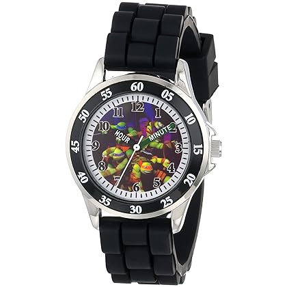 Accutime Ninja Turtles Kids' Analog Watch with Silver-Tone Casing, Black Bezel, Black Strap - Official TMNT Characters on The Dial, Time-Teacher Watch, Safe for Children - Model: TMN9013