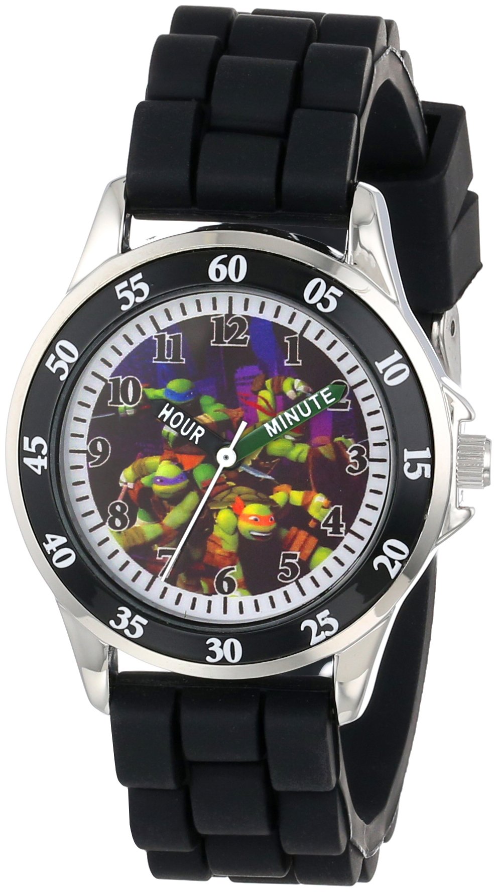 Accutime Ninja Turtles Kids' Analog Watch with Silver-Tone Casing, Black Bezel, Black Strap - Official TMNT Characters on The Dial, Time-Teacher Watch, Safe for Children - Model: TMN9013