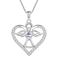 FJ Heart Guardian Angel Pendant Necklace 925 Sterling Silver Angel Wing Necklace with Birthstone Cubic Zirconia Jewellery Gifts for Women Girls