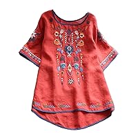 3/4 Sleeve Vintage Embroidery Shirts for Women Mexican Ethnic Style Tops Summer Three Quarters Boho Floral Print Tees Blouse