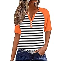 Summer Tops for Women Short Sleeve Button V Neck Tshirts Trendy Dressy Striped Printed Casual Blouses Loose Fit Tunics