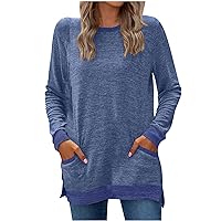 YZHM Fashion Fall Tops for Women Long Sleeve Tunic Tops Loose Fit Crewneck Tshirts with Pockets Trendy Long Tees Basic T Shirts, Pullover Tops for Women, Spring Shirts for Women