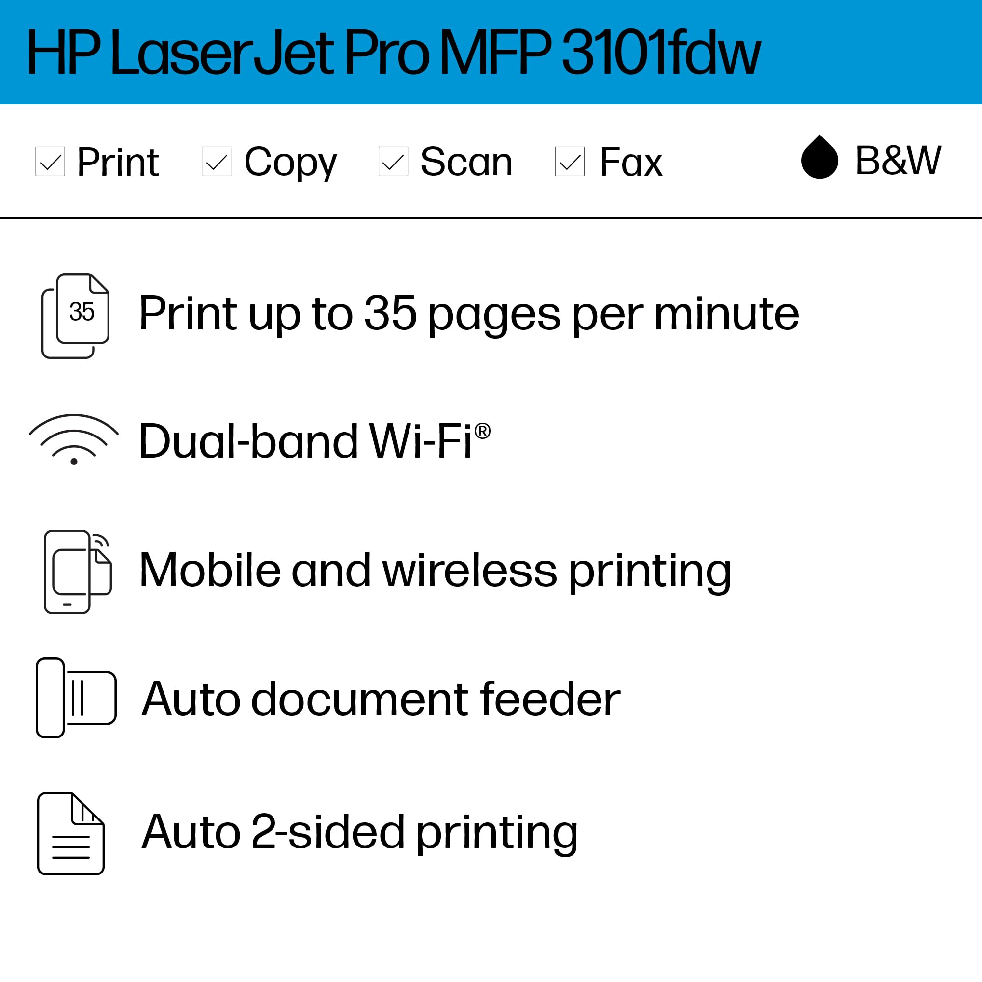 HP Laserjet Pro MFP 3101fdw Wireless Black & White Printer with Fax