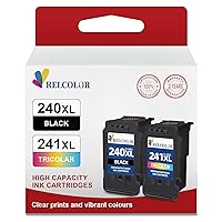 Relcolor Remanufactured Ink Cartridges 240XL 241XL for Canon PG 240 CL 241 XL Black Color Combo Pack for Pixma MG3620 MG3600 TS5120 TS5100 MG3520 MG2120 MX452 MX472 MX512 Printer (1 Black 1 Tri-Color)