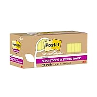 100% Recycled Paper Super Sticky Notes, 2X The Sticking Power, 3x3 in, 24 Pads/Pack, 70 Sheets/pad, Canary Yellow(654R-24SSCY-CP)