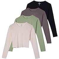 4 Pack: Women's Cotton Long Sleeve Crew Crop Top - Casual Cropped T-Shirt (Available in Plus Size)