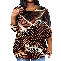 Plus Size Tshirts for Women Vintage Tops for Women Plus Size 2024 Summer Print Casual Loose Fit with 3/4 Sleeve Scoop Neck Blouses Gold 4X-Large