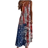 American Flag Patriotic Dress for Women V Neck Spaghetti Strap Maxi Dress 4th of July USA Flag Stars Stripes Sleeveless Dress