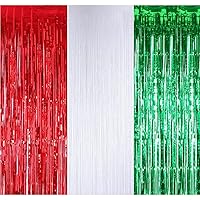 3 ft x 8 ft Metal Foil Tassel Curtain Party Background Suitable for Christmas Party Decoration, 3 Pack (Red, Green, White)