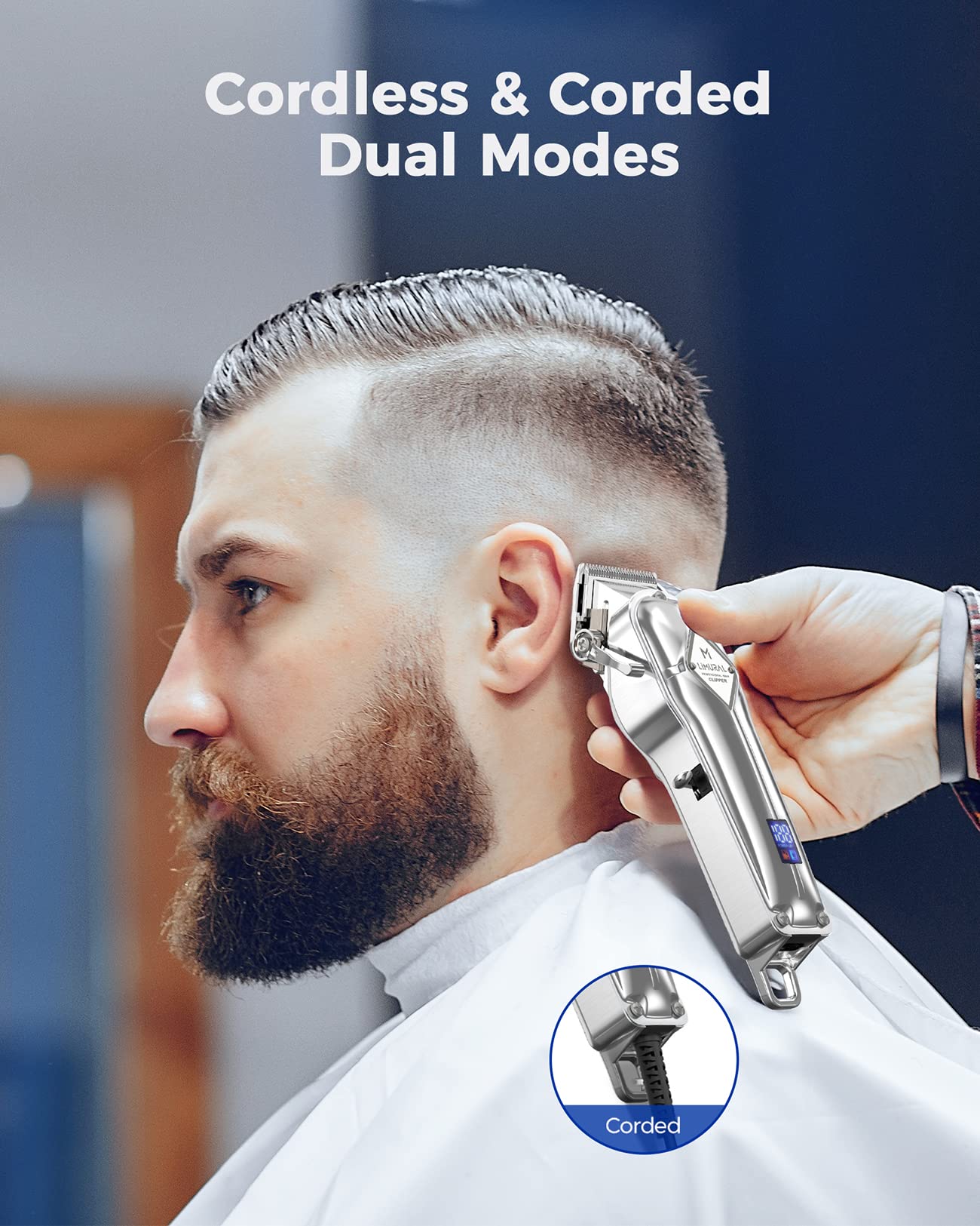 Limural Hair Clippers for Men Professional - Cordless Barber Clippers for Hair Cutting & Grooming, Rechargeable Beard Trimmer with Large LED Display & Silver Metal Casing