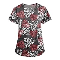 Women's Plus Size Scrub Tops Floral Printed Crew Neck Short Sleeve T Shirts Sexy Fleece Pullover Women