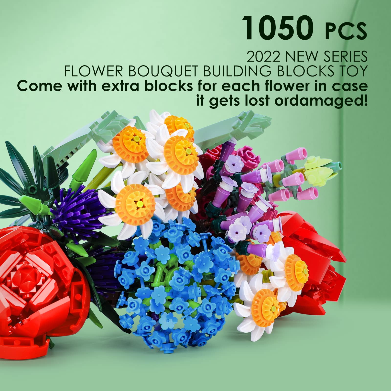 Dexblocks Flower Bouquet Building Kit,Rose Building Block Flowers Set, Creative Toys Home Decoration Birthday Aniversary Gifts for Kids Adults Mother Girlfriends New 2023 (1050 Pieces)