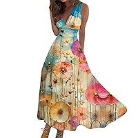 Dresses for Women 2024 Pink Boho Long Summer Sleeveless V-Neck Waist Retraction Printed Dress