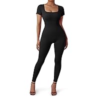 SUUKSESS Women Ribbed One Piece Jumpsuits Yoga Short Sleeve Workout Jumpsuits