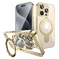MANLENO Magnetic Case for iPhone 15 Pro Case Magsafe with Invisible Stand Kickstand Camera Protector Plating 10FT Shockproof Soft Rubber Clear Protective Phone Case (Gold)