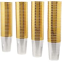 50 Count Hard Plastic 16 Ounce Party Cups Old Fashioned Tumblers Ideal for Home, Office, Bars, Wedding, Bridal and Baby Shower, Birthday, Retirement, Anniversary, Parties (Gold Rim)