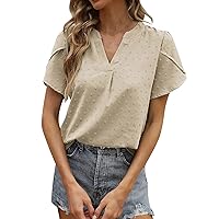 Women's Tops Fashionable V Neck Solid Color Petal Short Sleeved T-Shirt Top Tops, S-2XL