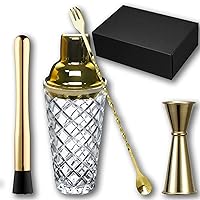 Gold Cocktail Shaker Set - Premium Glass Bartender Kit with Measuring Jigger, Mixing Spoon, and Muddler