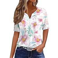 Spring Tops for Women 2024 T Shirt Tee Print Button Short Sleeve Daily Weekend Fashion V- Neck Regular Top