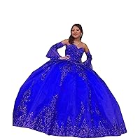 Glitter Sequin Lace Patterned Ball Gown Quinceanera Prom Dresses Detachable Juliet Long Sleeves