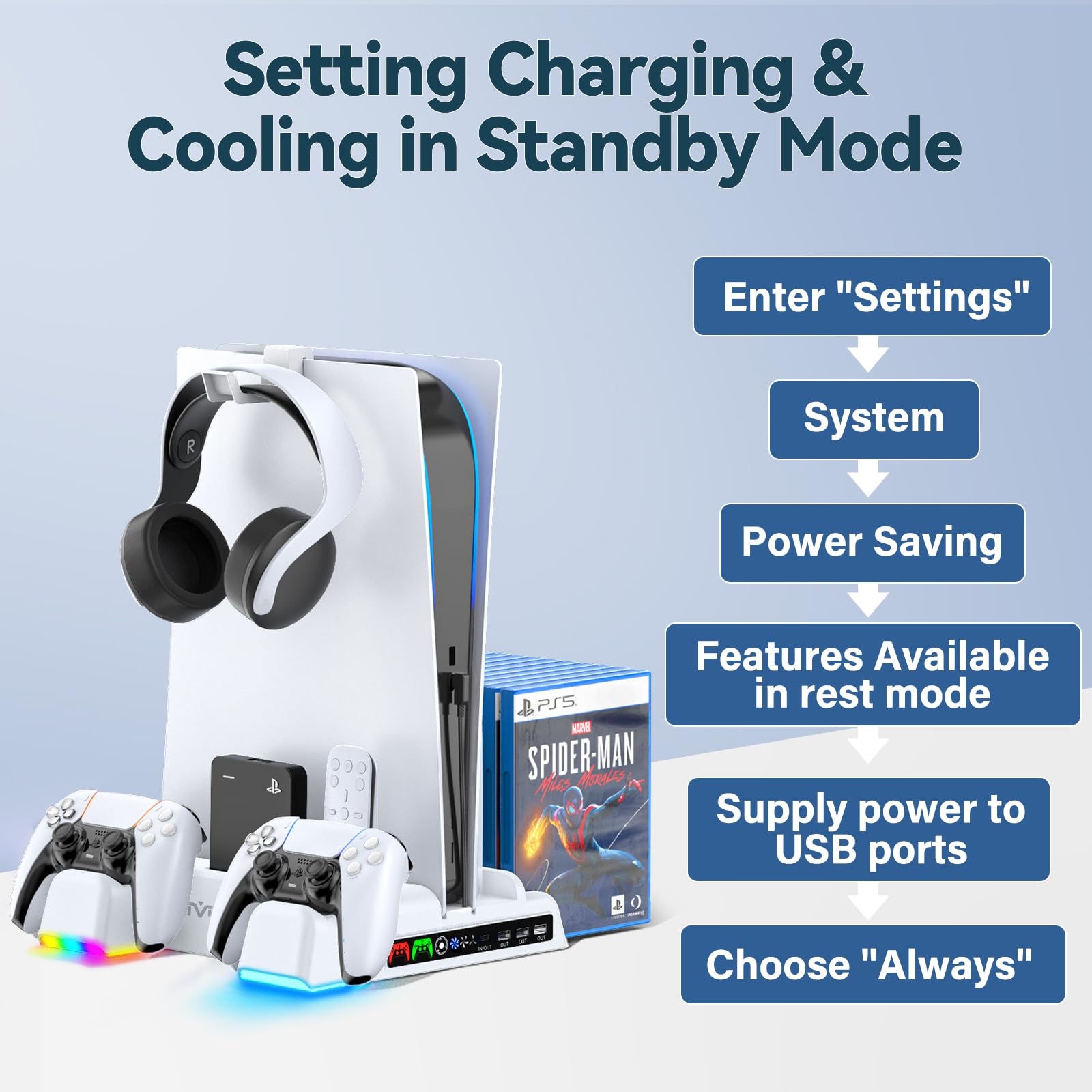 OIVO PS5 Stand Suction Cooling Station with AC Adapter, PS5 Controller Charging Station for Playstation 5 Console, PS5 Cooling Fan Stand, PS5 Controller Charger Accessories, 12 Slots, Headset Holder